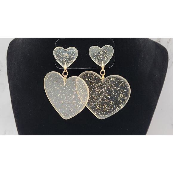 Heart Earrings for Women – Acrylic with Gold Glitter, New - Picture 1 of 2